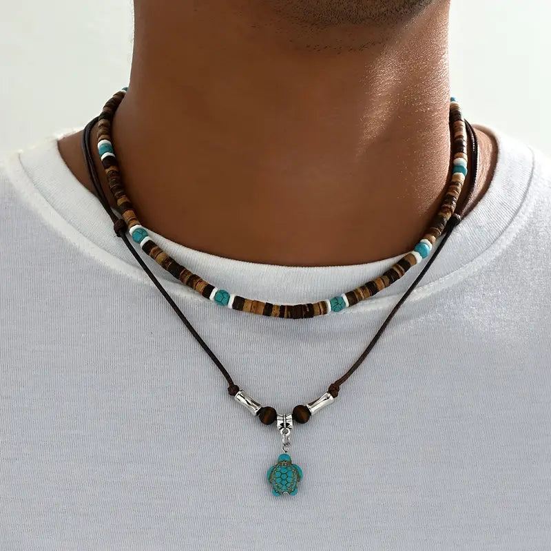 Colar masculino luxuoso com contas de turquesa e olho de tigre