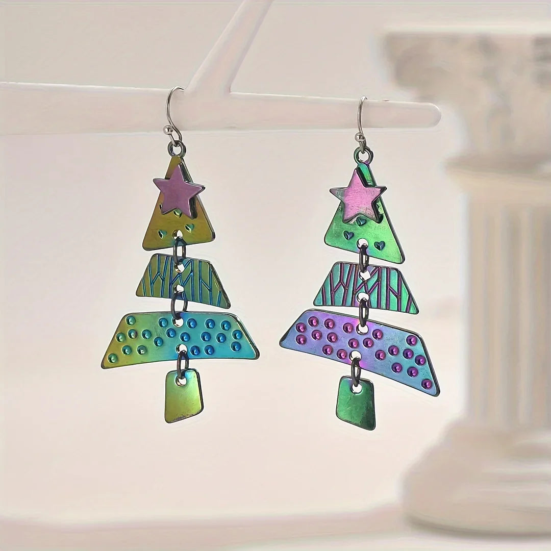 Brincos pendentes em forma de árvore de Natal em metal misto