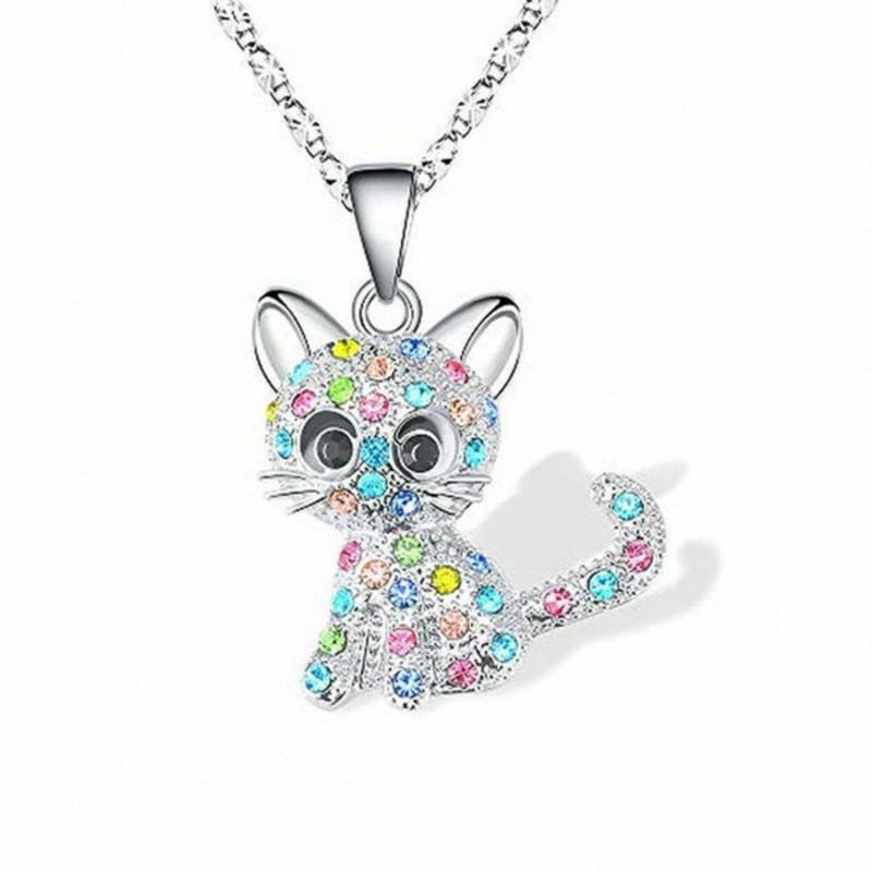 Colar Prateado com Gatinhos e Zircónias Coloridas
