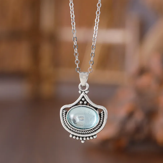 Conjunto Vintage de Colar e Brincos com Pedras Preciosas Ovais Azuis