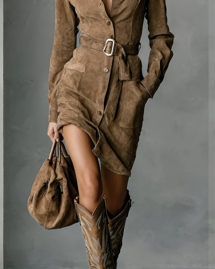 Ana Beatriz | Vestido Midi de Camurça Elegante e Feminino